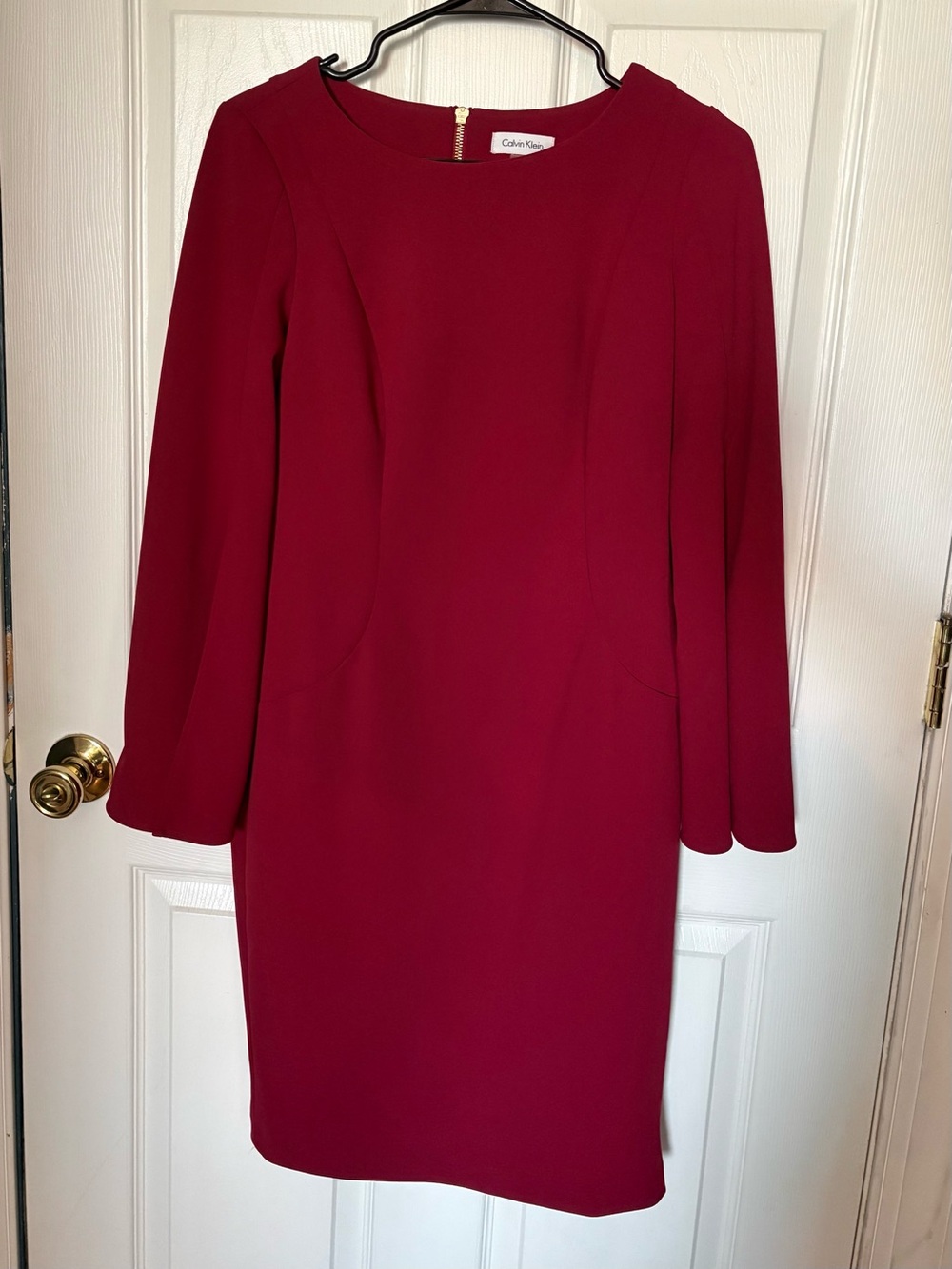 Calvin Klein Bell-Sleeved Sheath Dress in Deep Red